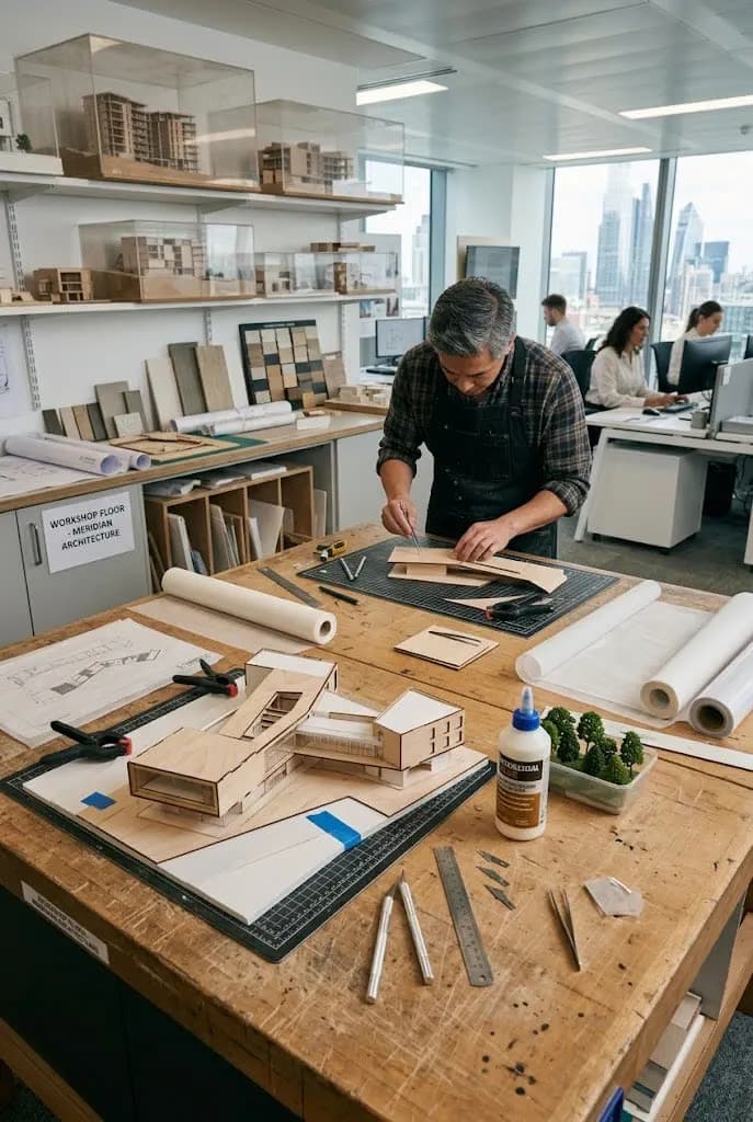 An architect cutting parts for a timber model on the studio workshop floor